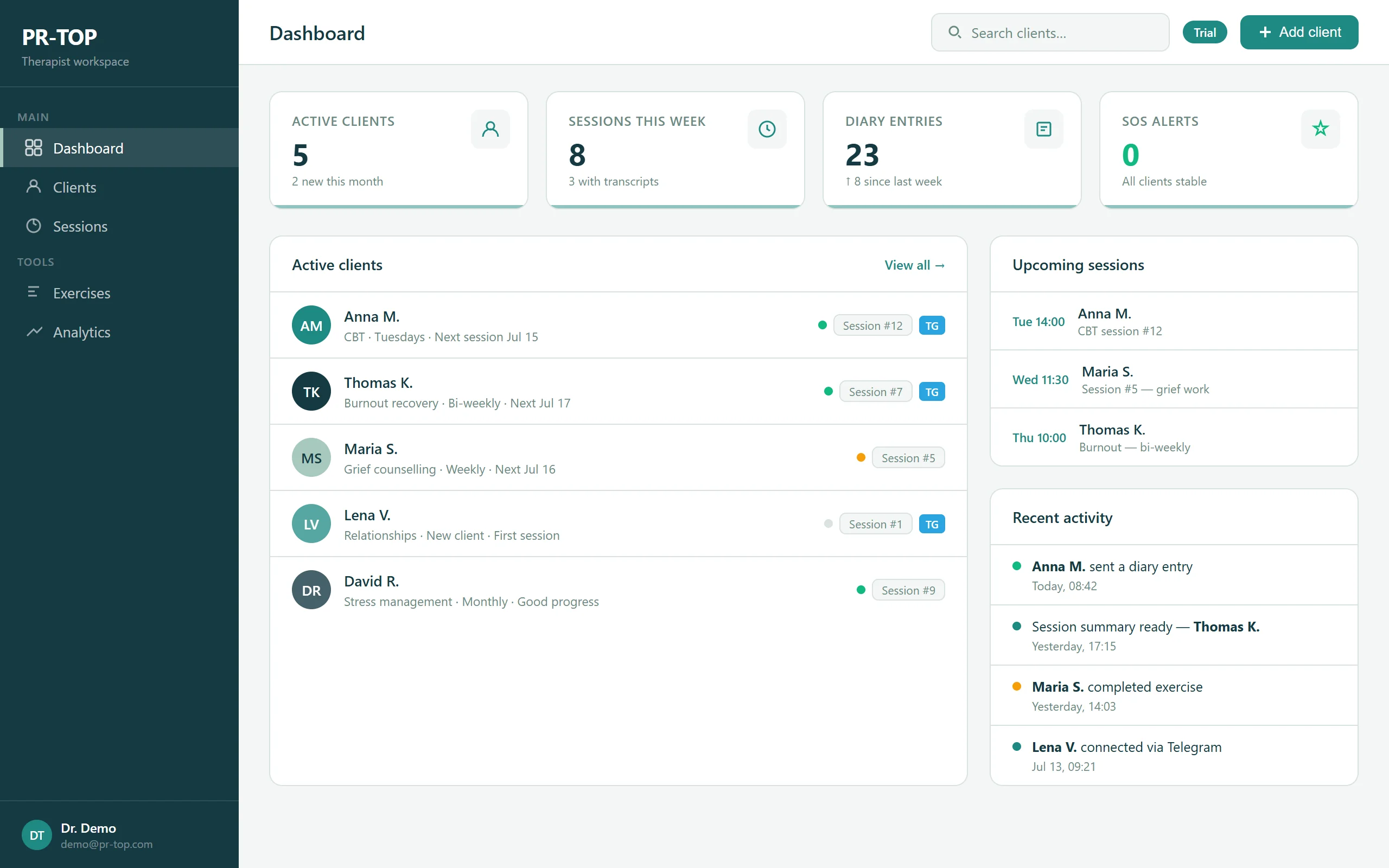 PR-TOP therapist dashboard — client list, upcoming sessions, and recent activity (demo data only)